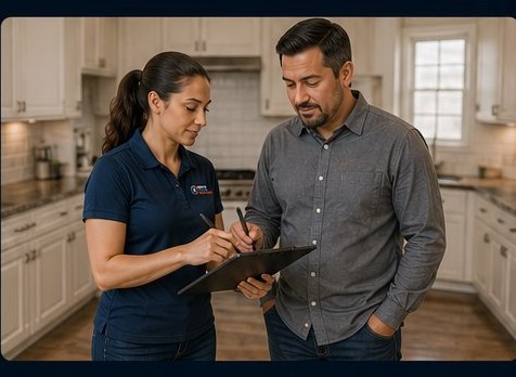 IICRC-certified partner technician reviewing scope of work with a homeowner