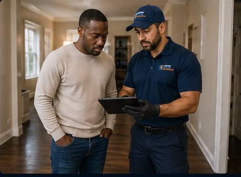 Rapid Water Recovery technician reviewing damage with a homeowner on a tablet