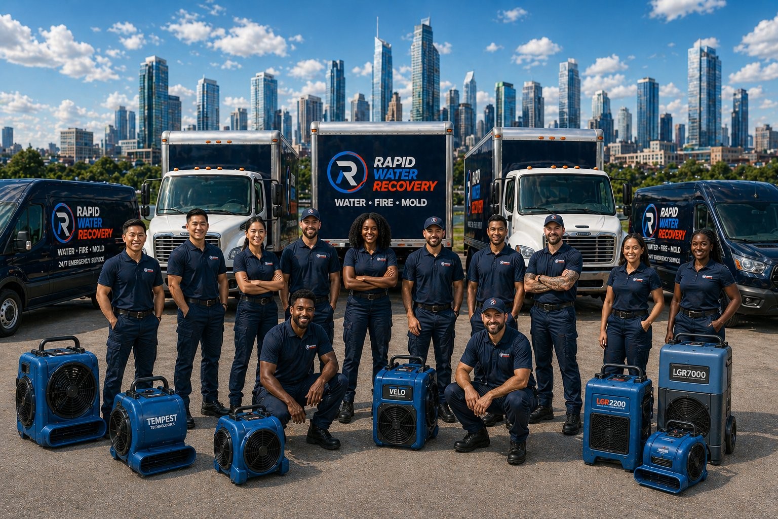 Rapid Water Recovery partner network team and branded fleet of trucks and vans