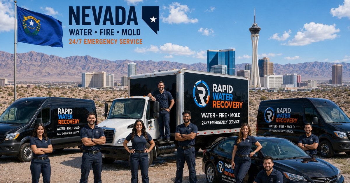 Rapid Water Recovery Nevada team and fleet of branded service vehicles with the Nevada state flag and Las Vegas skyline