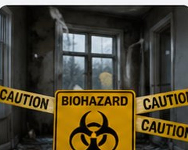 Biohazard caution tape at restoration site